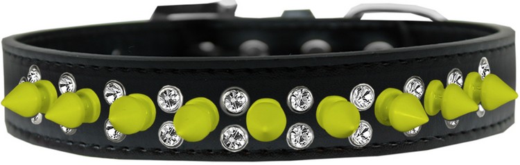 Double Crystal and Neon Yellow Spikes Dog Collar Black Size 14